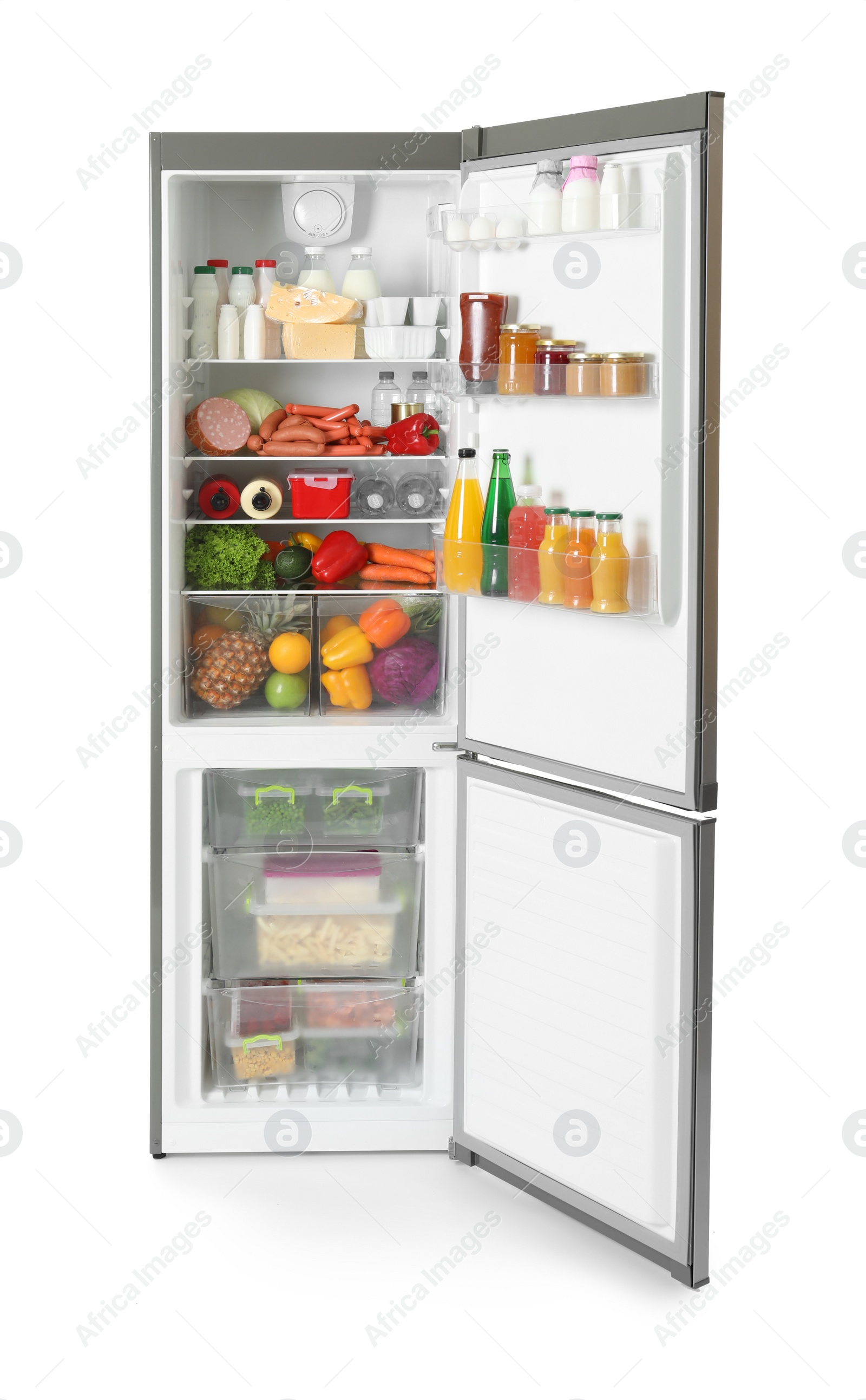 Photo of Open refrigerator with many different products on white background