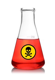 Image of Glass bottle with red toxic sample and warning sign on white background