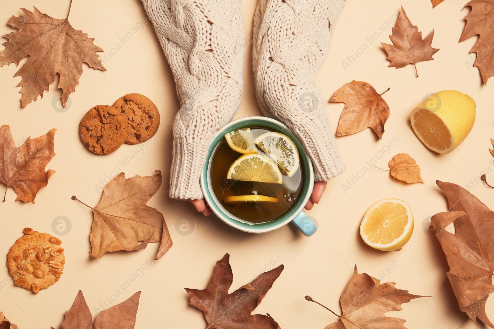 Photo of Woman in autumn sweater holding cup of hot cozy drink on color background, top view