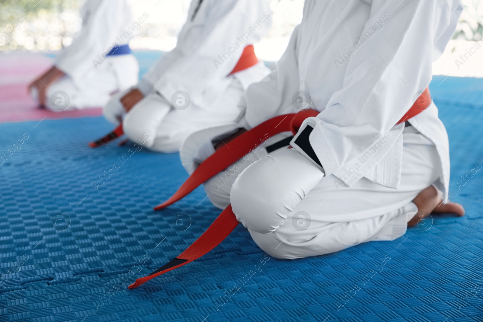 Photo of Children in kimonos sitting on training ground, closeup