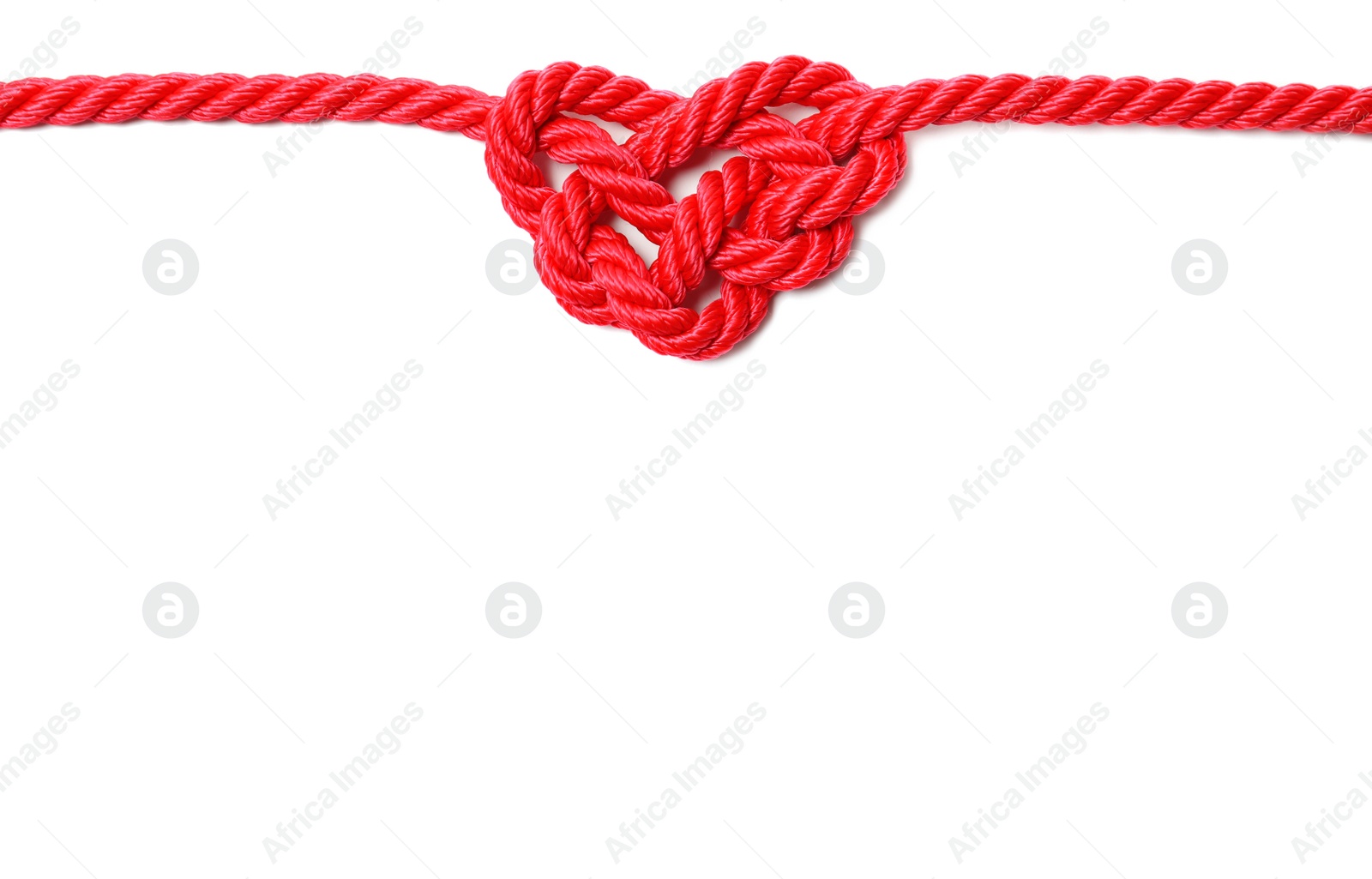 Photo of Heart made of red rope on white background, top view with space for text