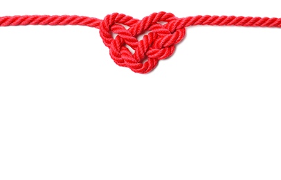 Photo of Heart made of red rope on white background, top view with space for text