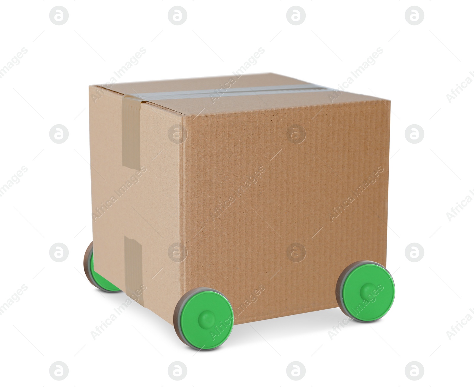 Image of Cardboard box on wheels against white background. Transportation and delivery service