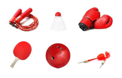 Image of Set with different sports tools on white background