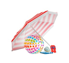 Open striped beach umbrella, inflatable ball and accessories on white background