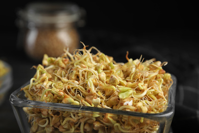 Photo of Glass bowl of sprouted green buckwheat on dark wooden table, closeup