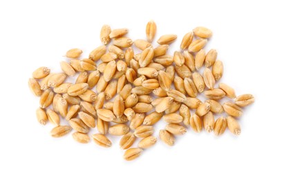Photo of Pile of wheat grains on white background, top view