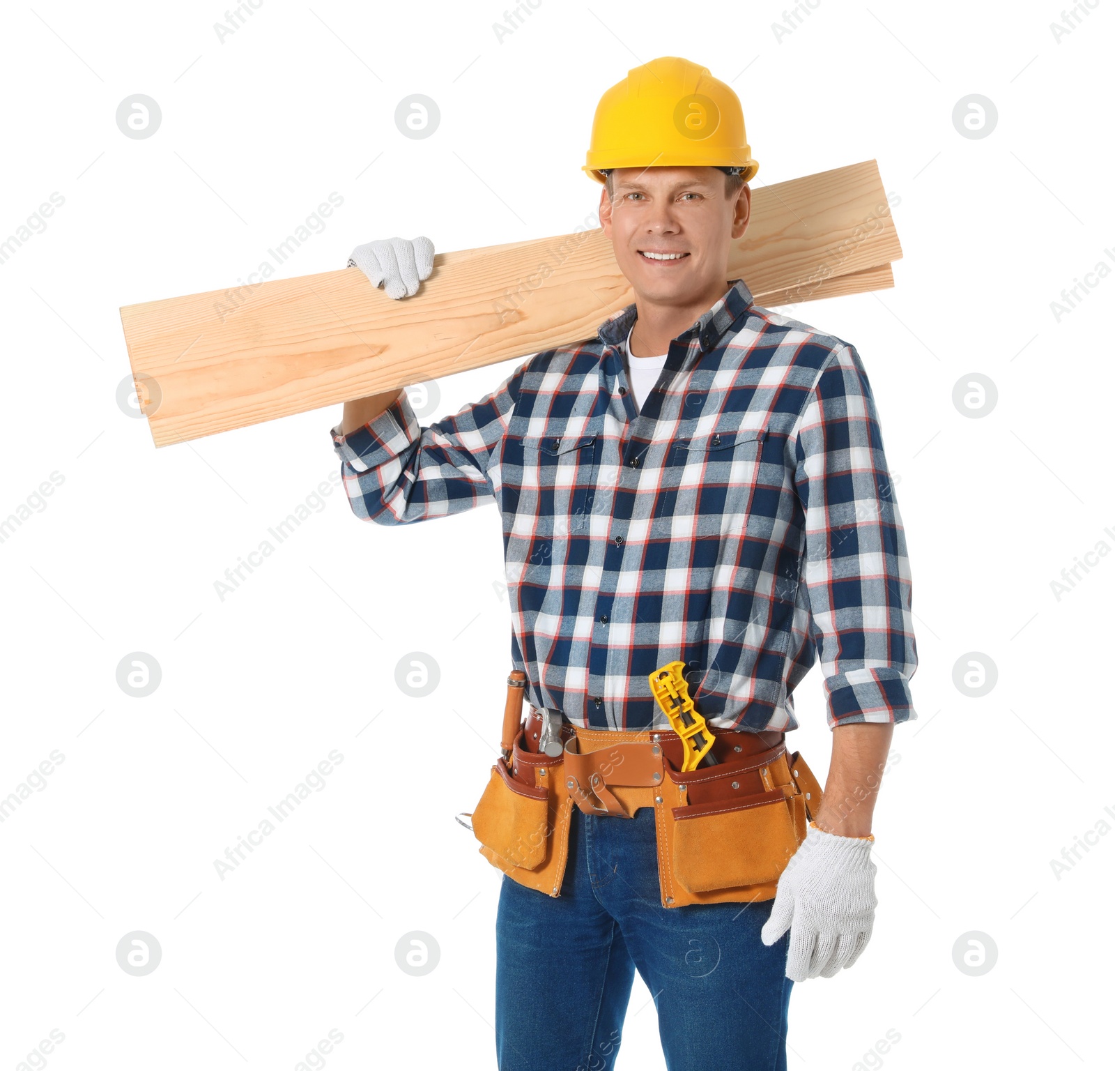 Photo of Handsome carpenter with wooden planks isolated on white