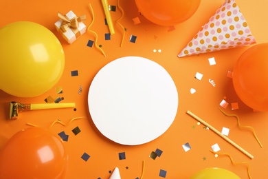 Flat lay composition with party accessories and space for text on color background