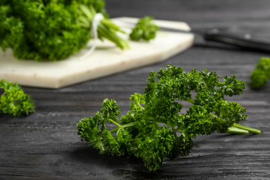 Fresh curly parsley on black wooden table