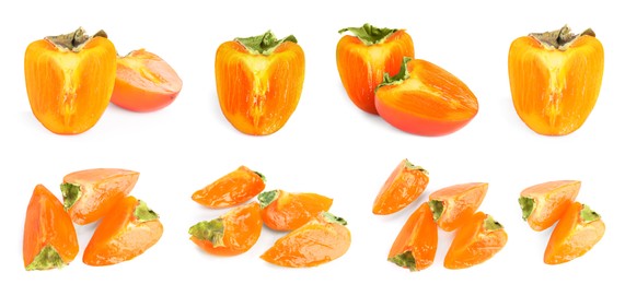 Image of Set with sweet ripe persimmons on white background. Banner design