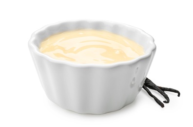 Bowl with vanilla pudding on white background