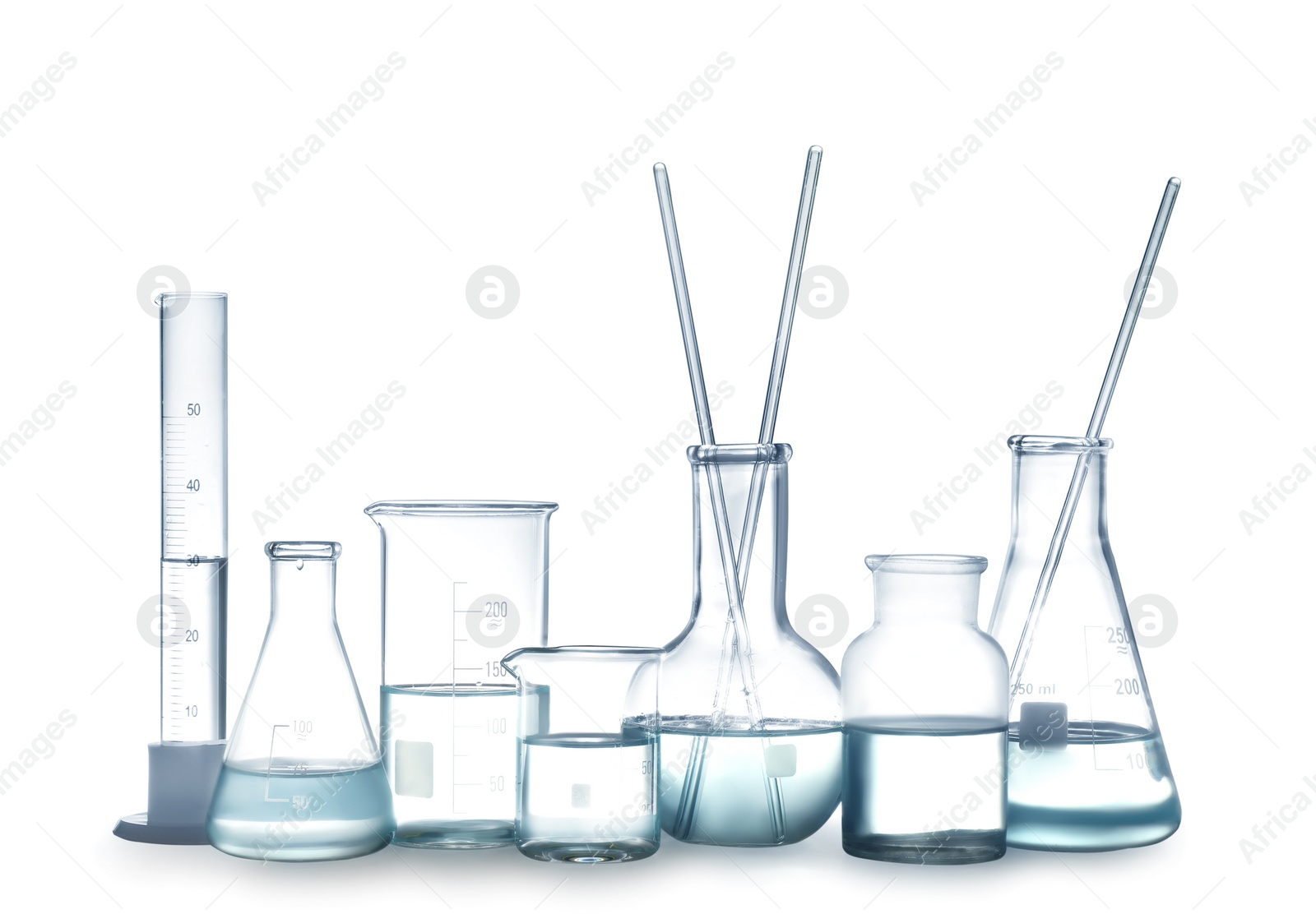 Photo of Laboratory glassware with liquid isolated on white