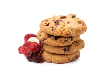 Photo of Cookies and freeze dried fruits isolated on white