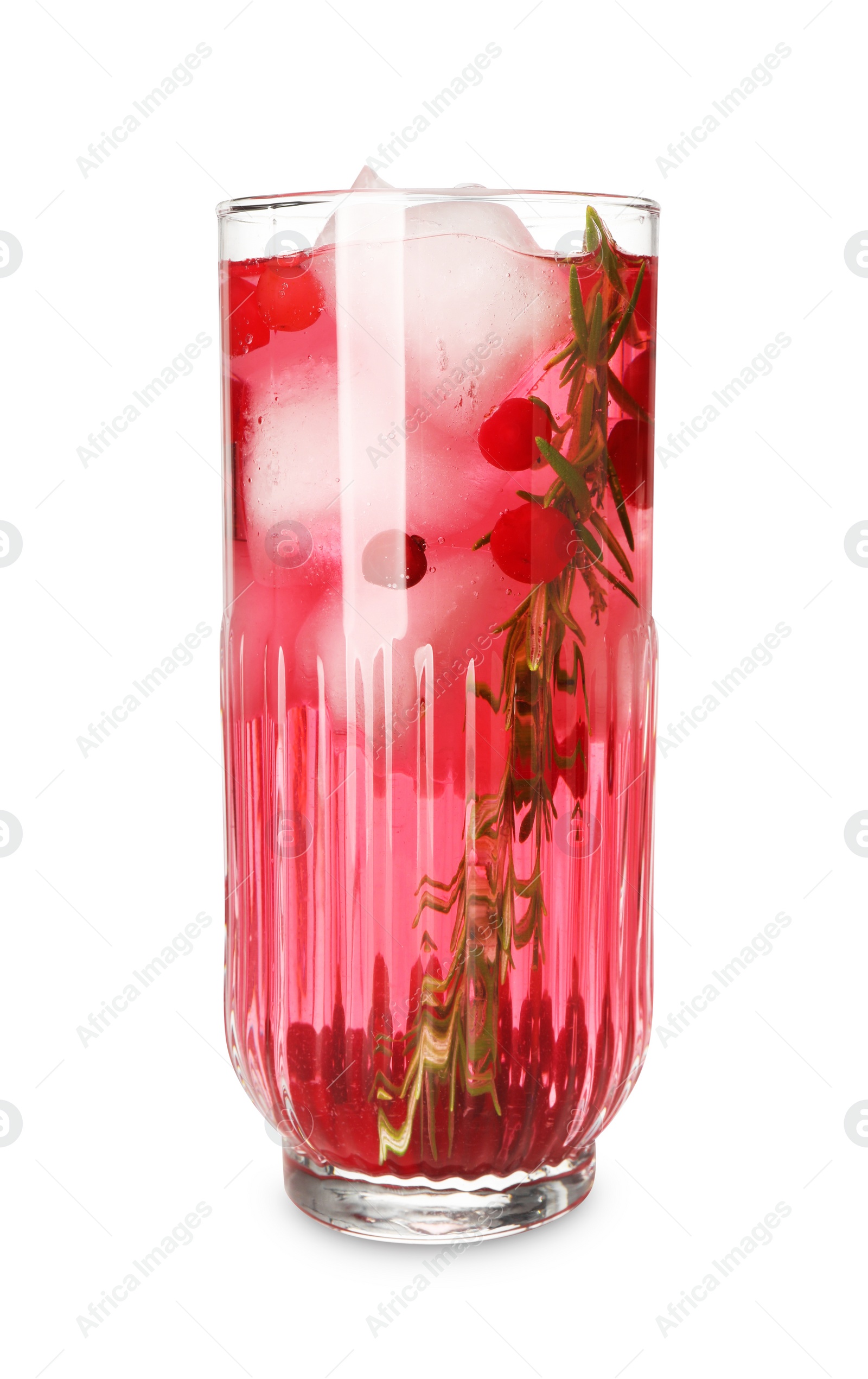 Photo of Tasty cranberry cocktail with ice cubes and rosemary in glass isolated on white