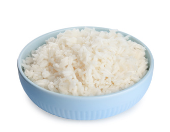 Photo of Bowl with cooked rice isolated on white