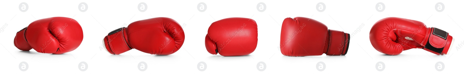 Image of Set with red boxing gloves on white background. Banner design