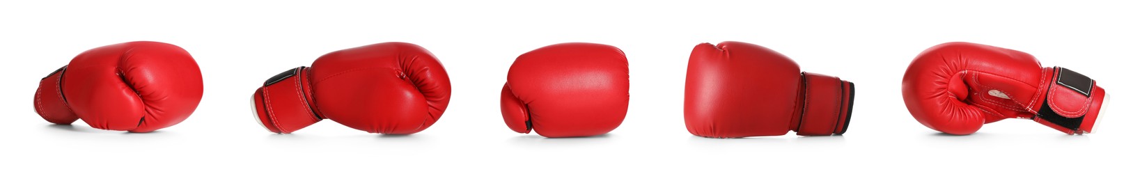 Image of Set with red boxing gloves on white background. Banner design