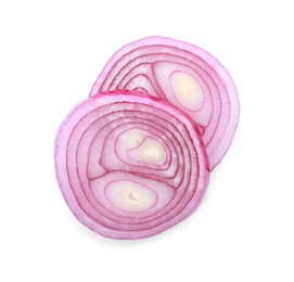 Photo of Slices of onions for burger on white background, top view