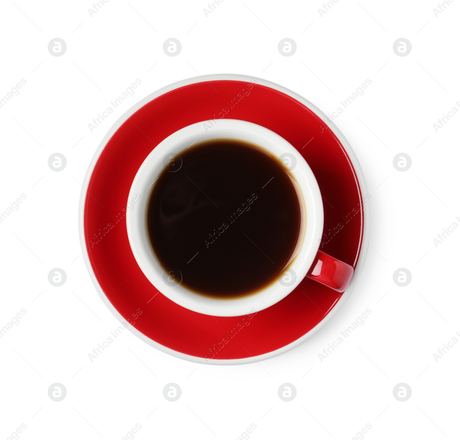 Photo of Tasty coffee in cup isolated on white, top view