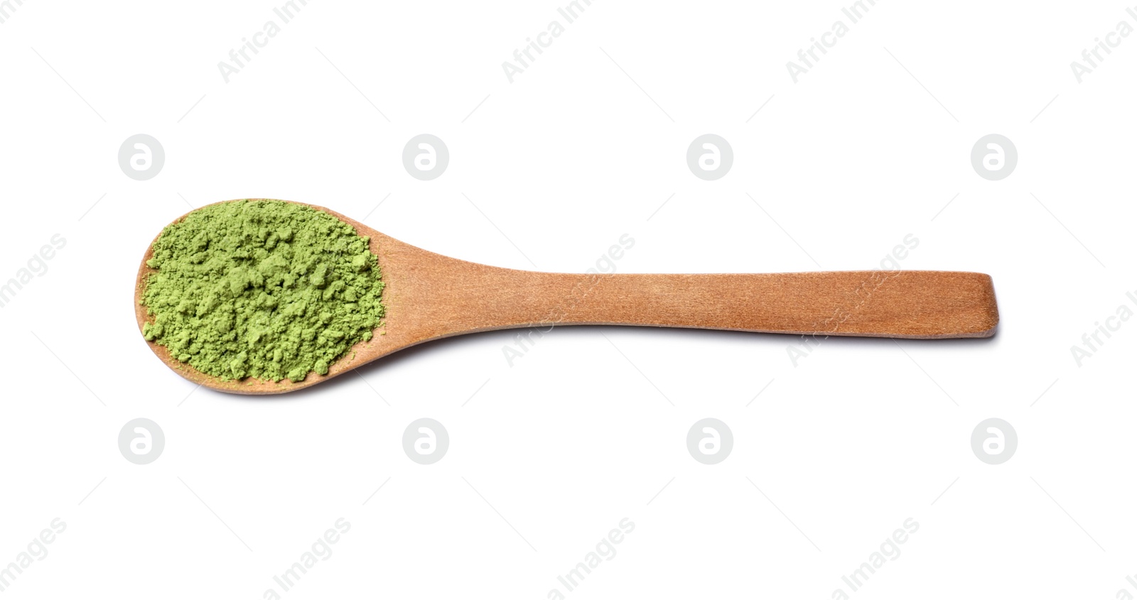 Photo of Spoon of green matcha powder isolated on white, top view