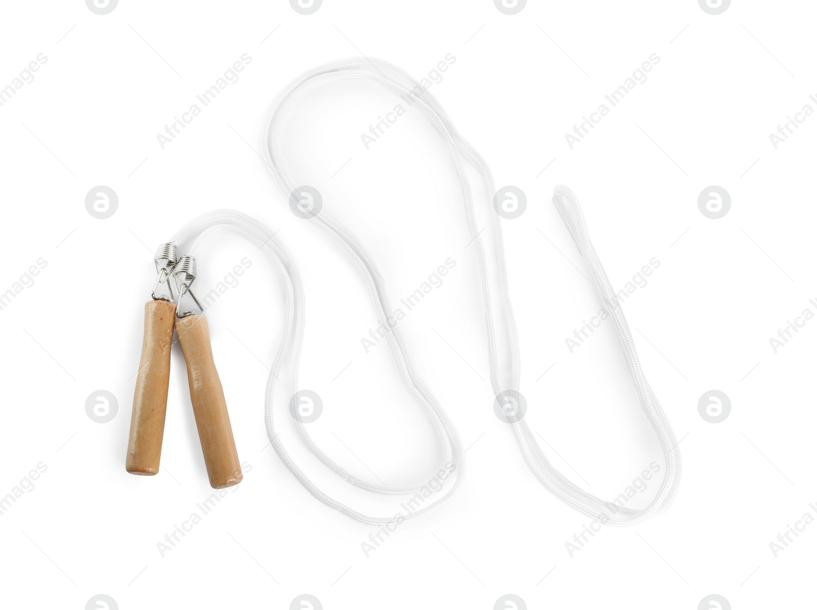 Photo of Skipping rope on white background, top view. Sports equipment