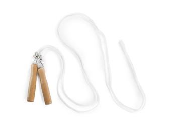 Skipping rope on white background, top view. Sports equipment