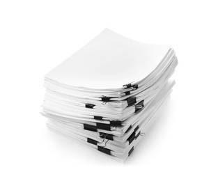 Stack of documents with black paper clips on white background