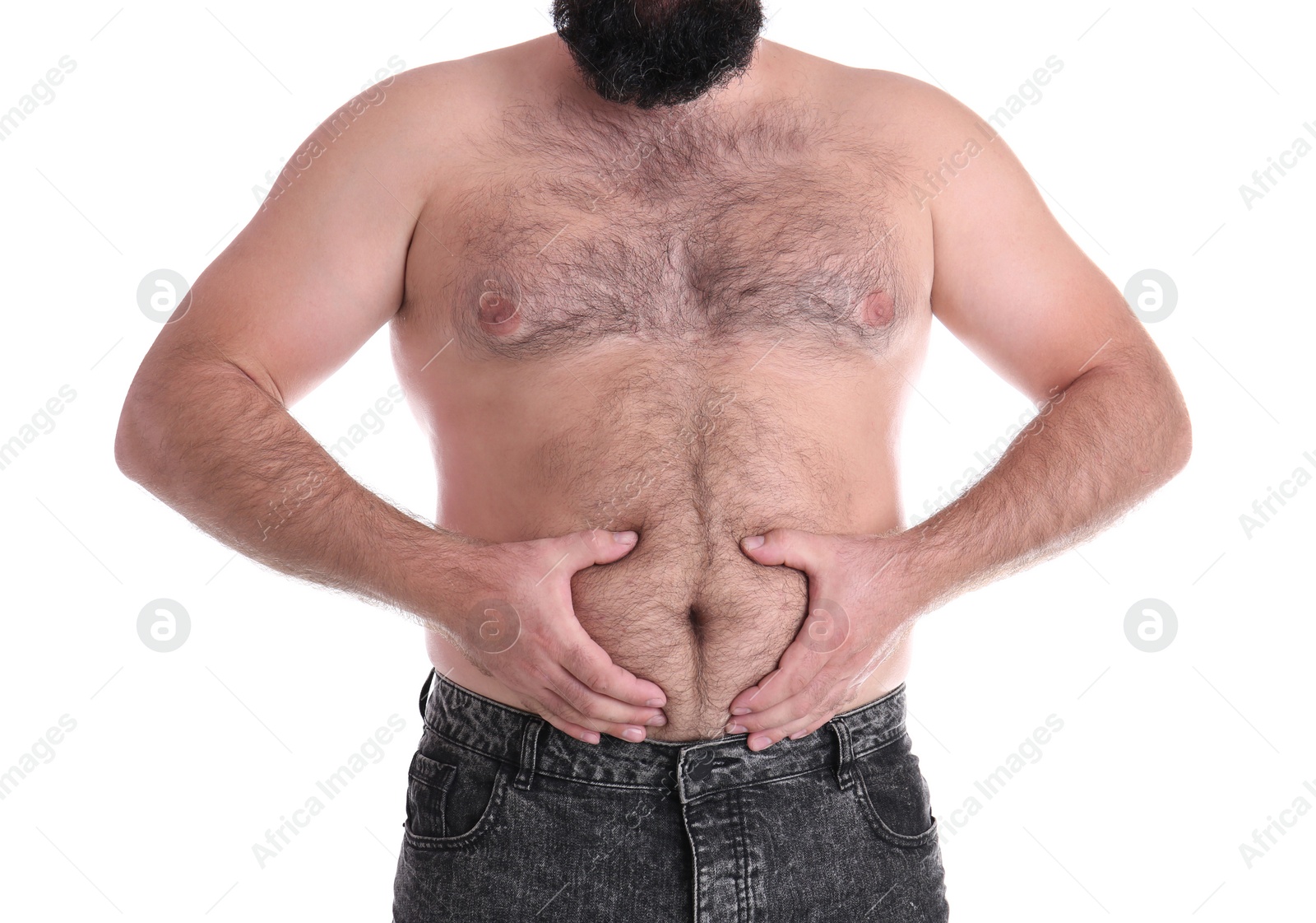 Photo of Fat man on white background, closeup. Weight loss