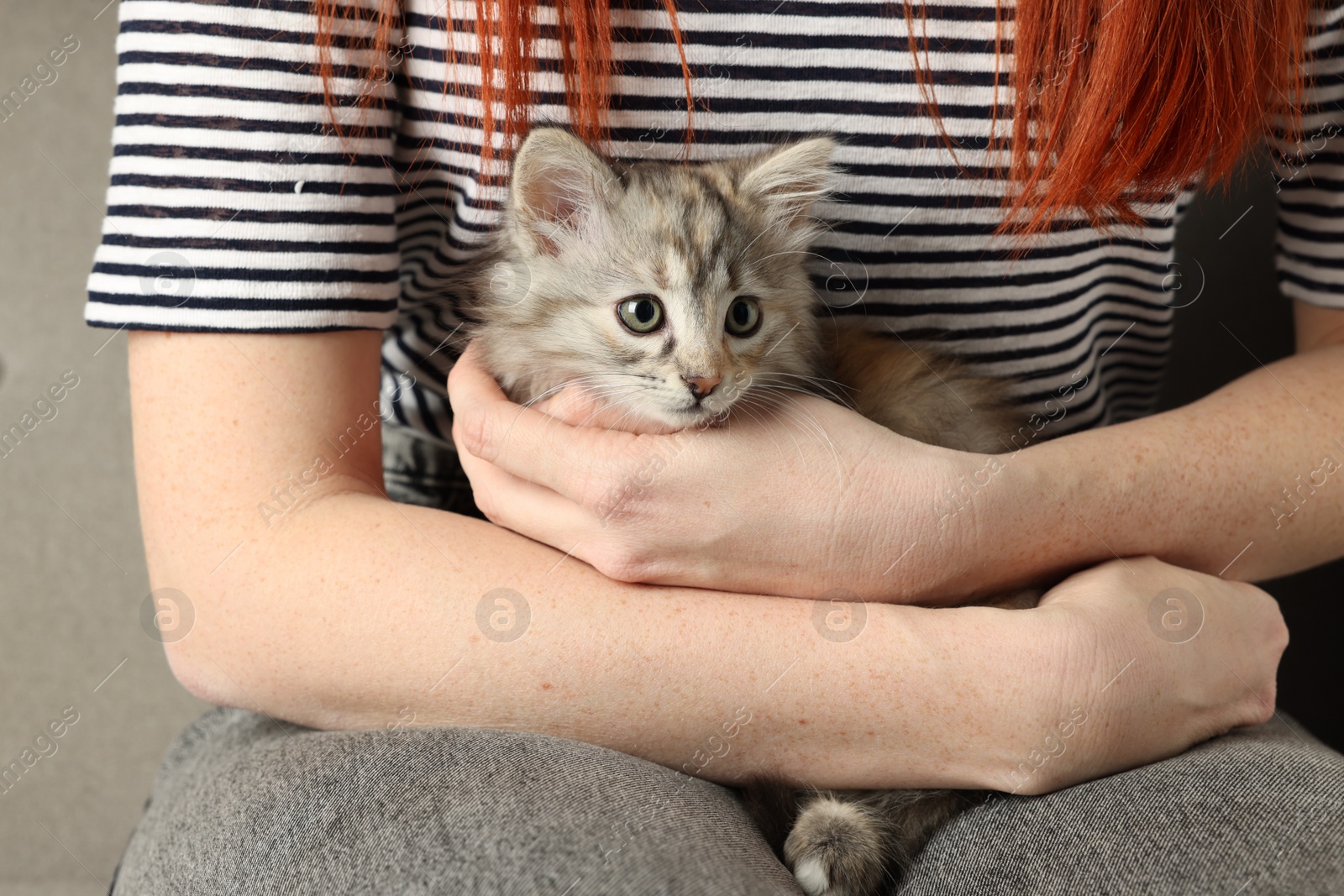 Photo of Woman with cute fluffy kitten, closeup view