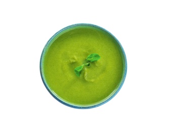 Photo of Bowl of broccoli cream soup with microgreens on white background, top view