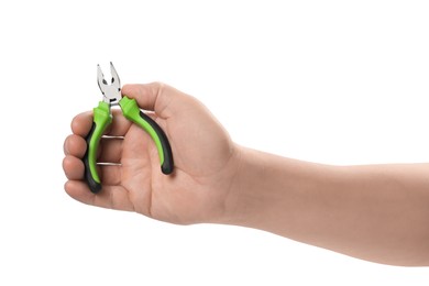 Photo of Man with combination pliers on white background, closeup