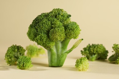 Photo of Fresh raw broccoli on beige background, closeup