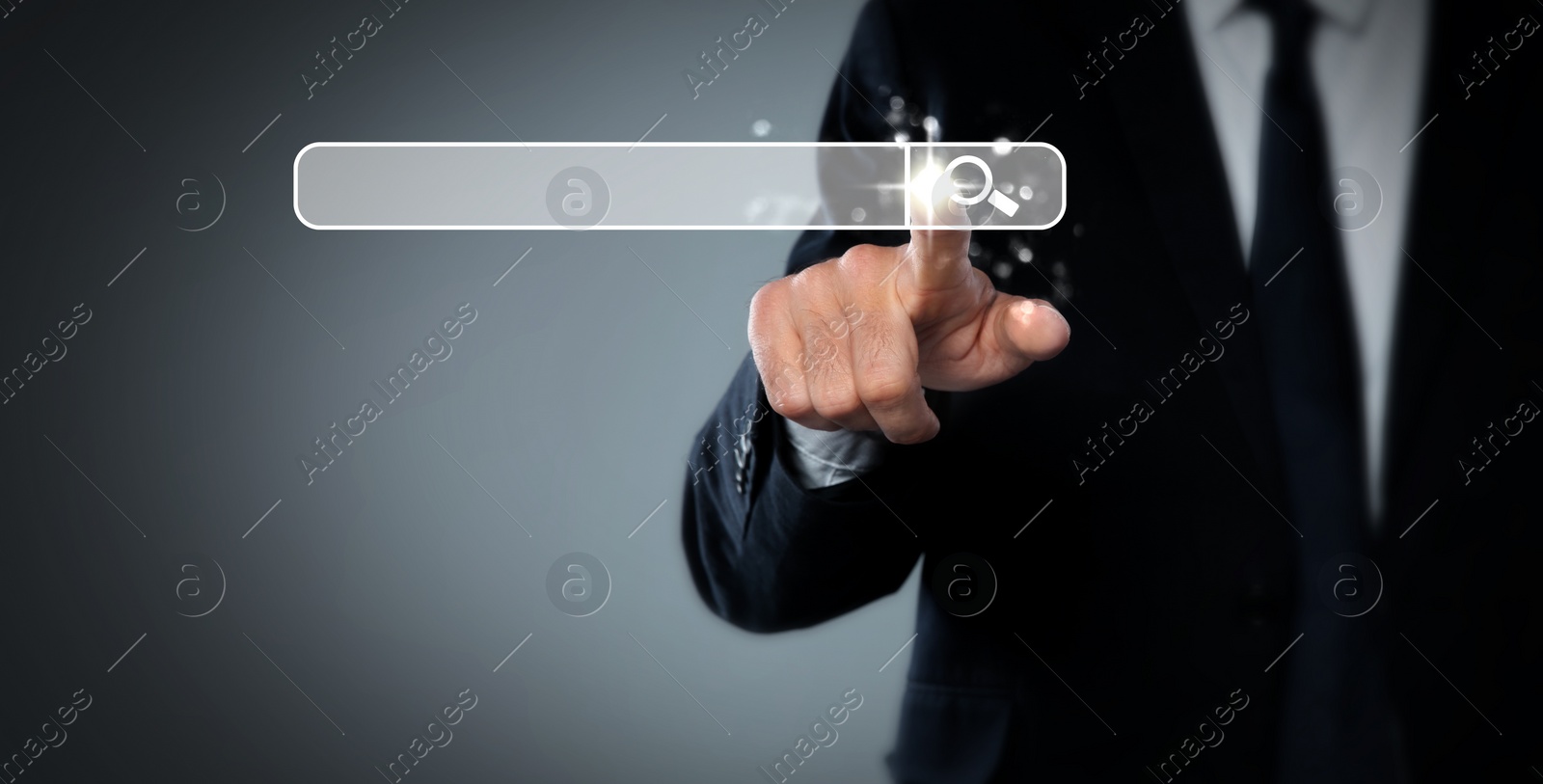 Image of Man pointing at search bar on virtual screen against grey background, closeup. Banner design