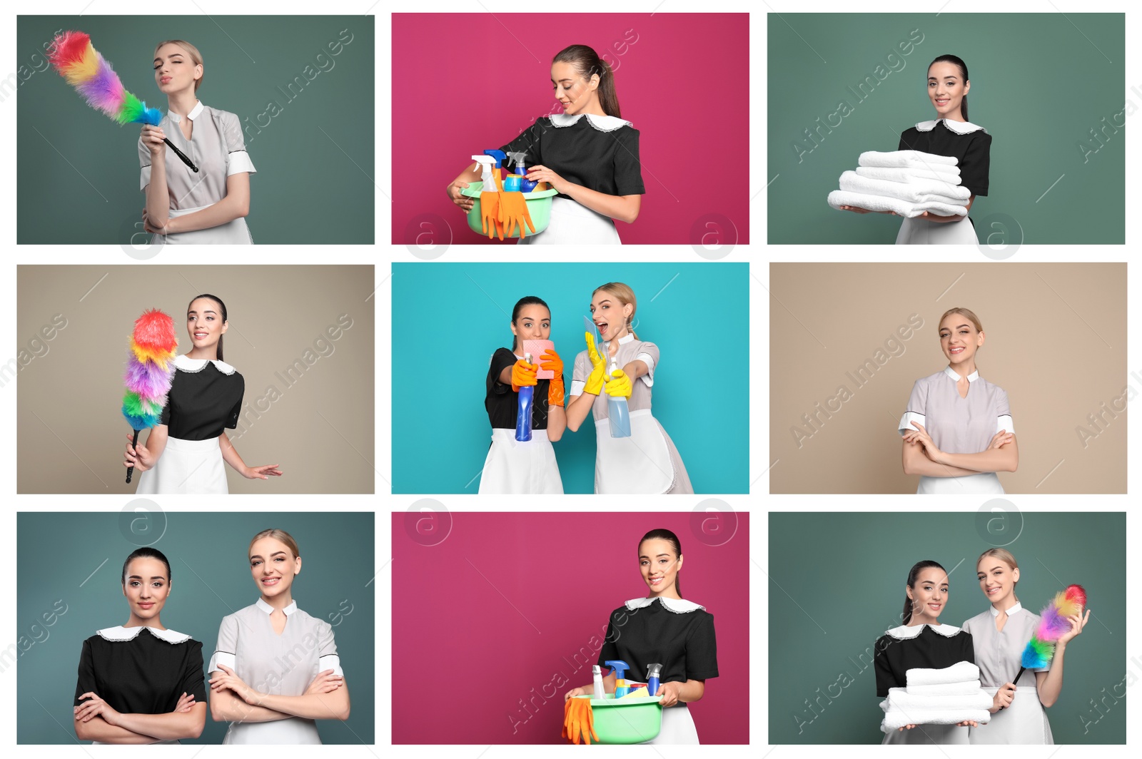 Image of Collage with portraits of chambermaids on different color backgrounds