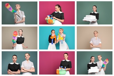 Collage with portraits of chambermaids on different color backgrounds