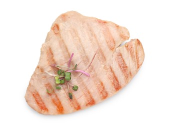 Delicious tuna steak with microgreens isolated on white, top view