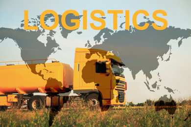 Image of Logistics concept. Truck on country road and world map