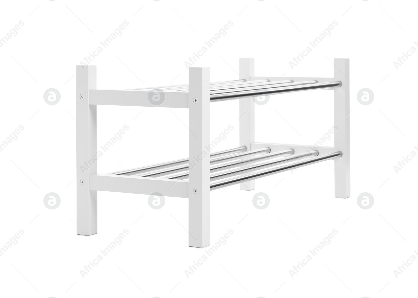 Photo of Empty wooden shoe shelf isolated on white