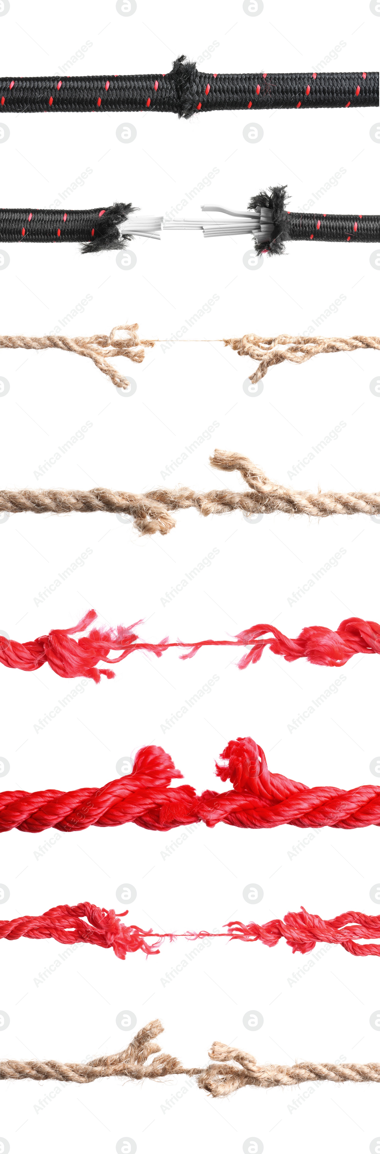 Image of Collage with ruptures of different ropes on white background