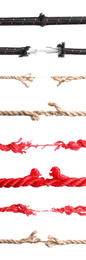 Image of Collage with ruptures of different ropes on white background