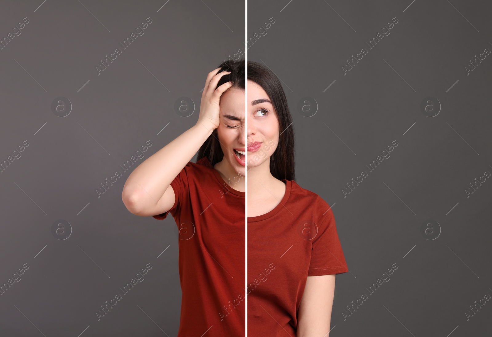 Image of Young woman expressing different emotions on grey background, collage. Personality concept