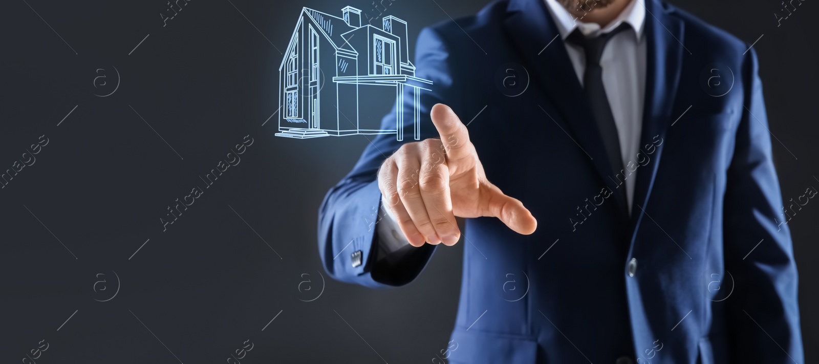 Image of Real estate agent touching house illustration on virtual screen against dark background, closeup. Banner design 