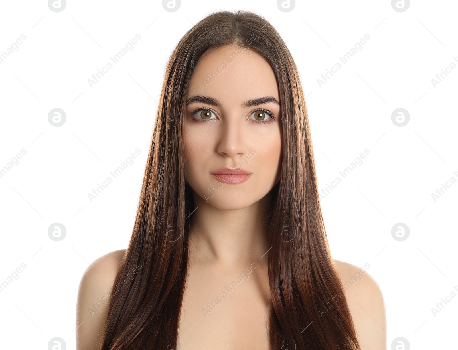 Photo of Portrait of young woman with beautiful face on white background