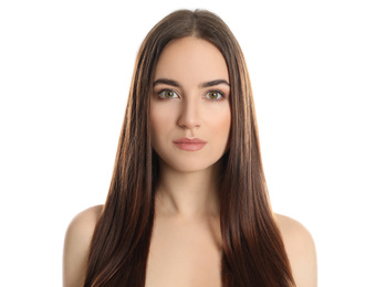 Portrait of young woman with beautiful face on white background