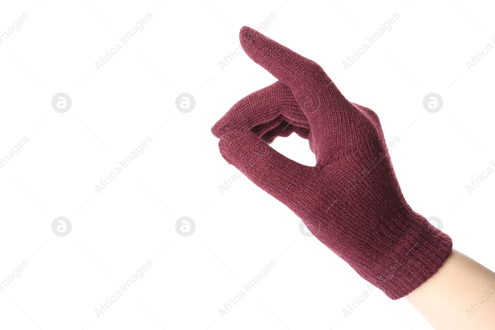 Photo of Woman in woolen glove on white background, closeup. Winter clothes