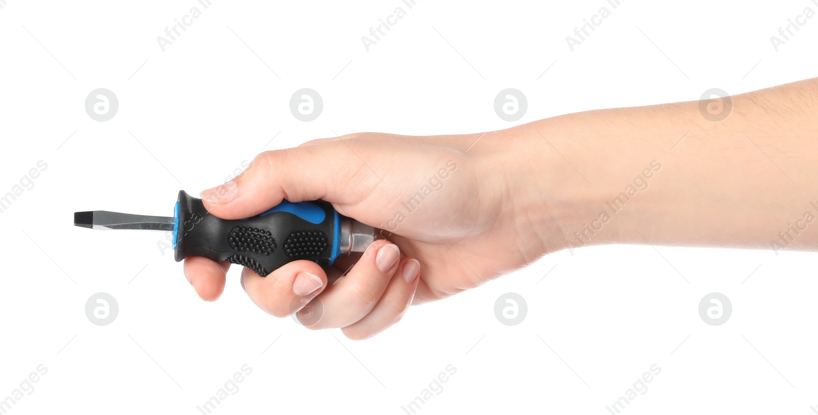 Photo of Woman holding small screwdriver on white background, closeup