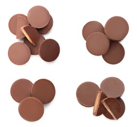 Image of Set with delicious peanut butter cups on white background, top view