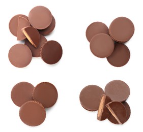 Set with delicious peanut butter cups on white background, top view