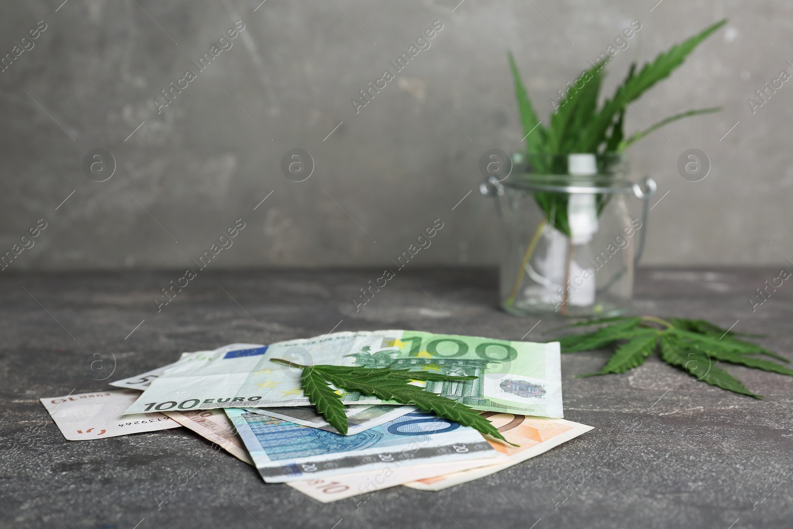 Photo of Hemp leaves and money on grey table